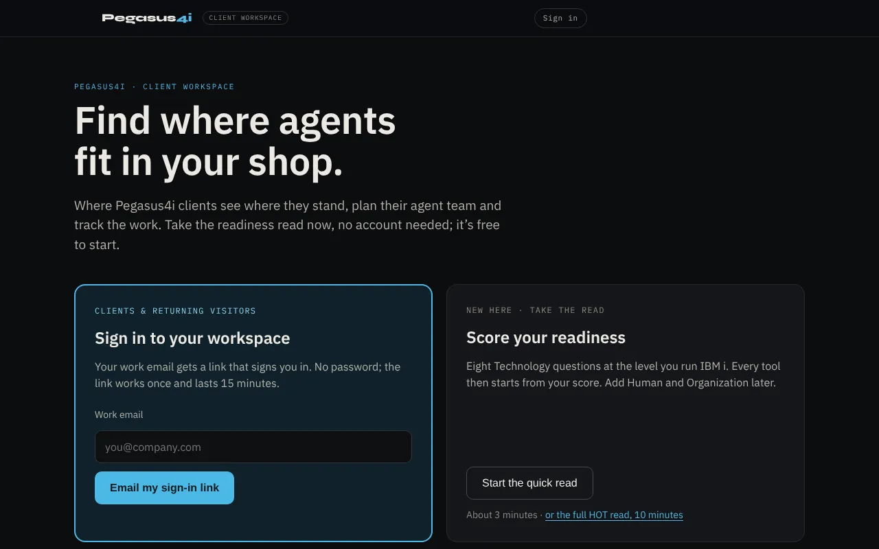 The sign-in page: a sign-in card on the left and the readiness read on the right.